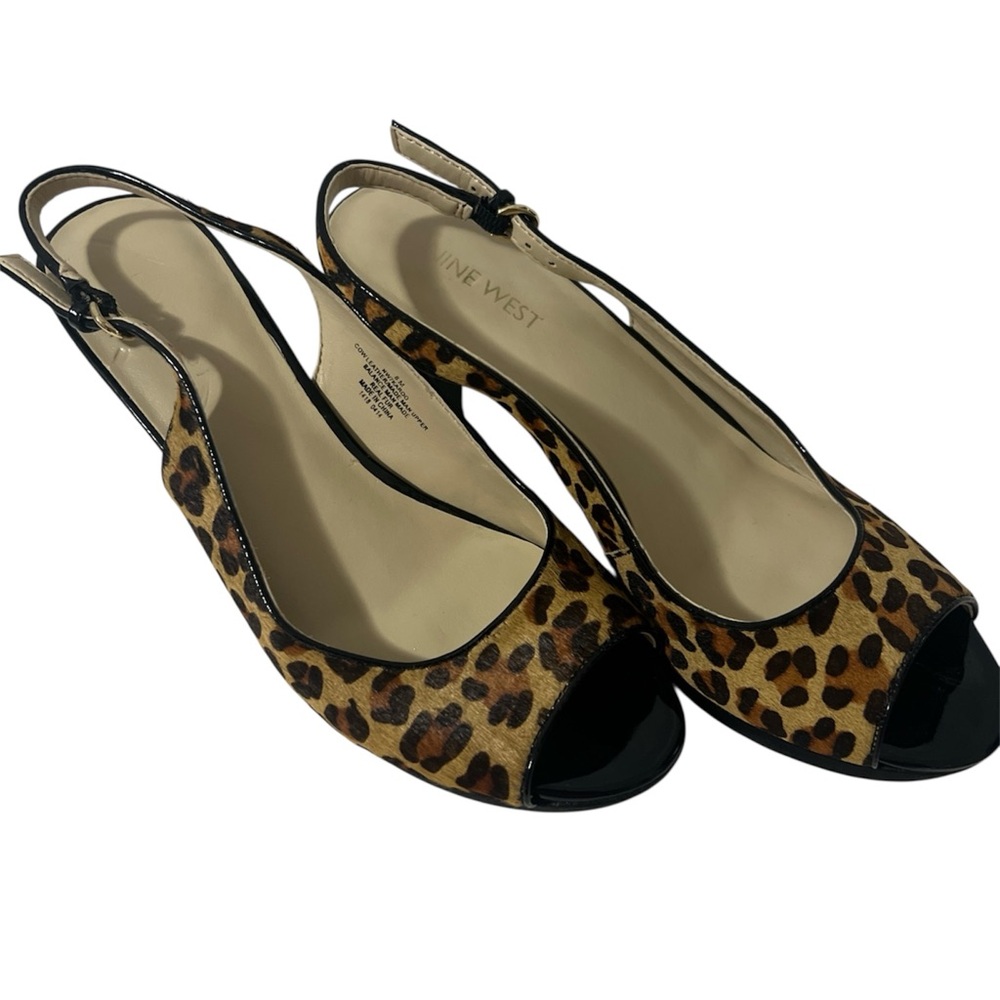 Nine West Slingback Peep Toe Leopard Stiletto Cow Leather Heels Sz 8